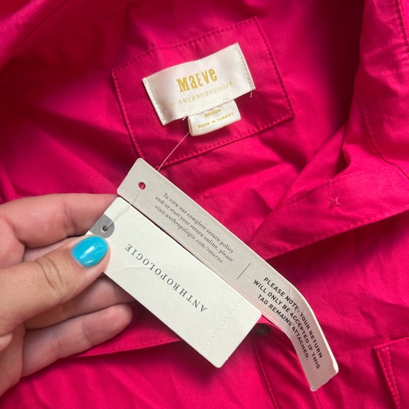 Anthropologie NWT Maeve HOT PINK button down long sleeve collared Midi Dress, M - Picture 7 of 7